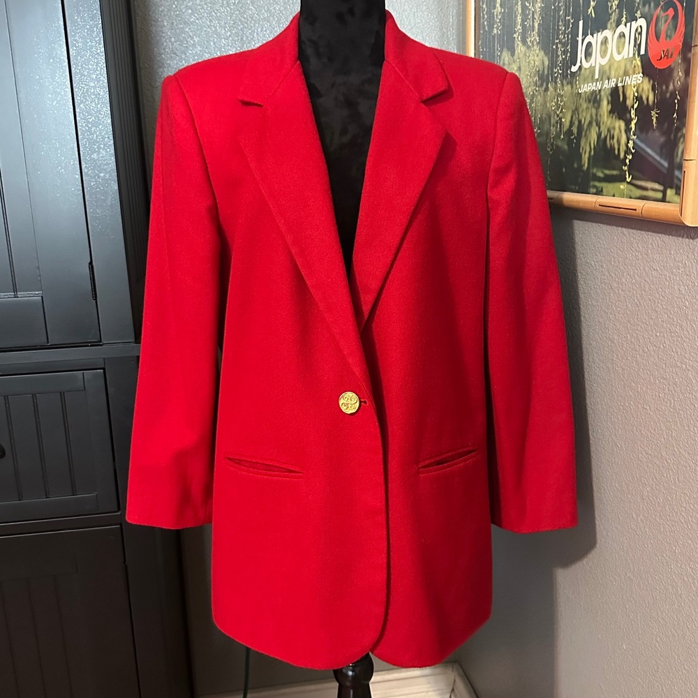 Savannah Petite Large Red 100% Pure New‎ Wool Blazer Gold Button Jacket Preppy